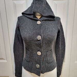 WET SEAL Charcoal Gray Plaid Elbow Long Sleeve Button-Front Hooded Top sz L EUC